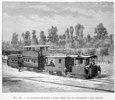 Sporvognen fra Rueil til Marly, ført af varmtvandslokomotivet - i "" The new conquests of science"" af Louis Figuier af French School