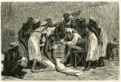 Besøget af dronningerne, kong Sepopos seksten koner, i Dr. Holubs æske. Gravering af D.Maillard, for at illustrere historien "Au pays des Marutses"", i 1875-1879, af Dr. Emile Holub (1847-1902). Udgivet i Tour du monde, 2. semester 1883, redigeret af French School