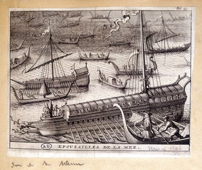 Dogen af Venedigs hustruer med havet i 1706 - gravering af French School