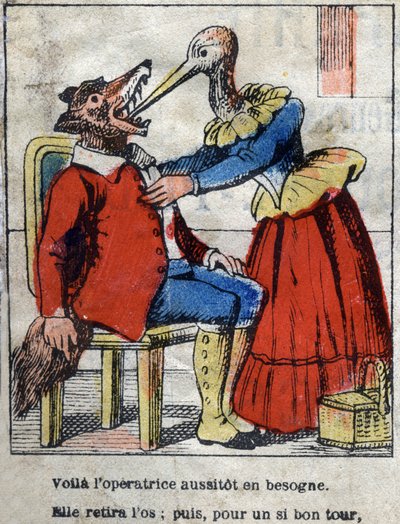 Ulven og storken. Fabler af Jean de La Fontaine (1621-95). Epinal billeddannelse fra slutningen af det 19. århundrede. af French School
