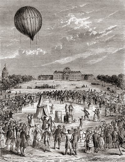 Verdens første brintballon, opsendt over Champs de Mars, Paris, Frankrig i 1783, fra Les Merveilles de la Science, udgivet ca. 1870 (gravering) af French School