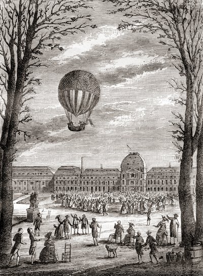 Verdens første bemandede brintballonflyvning over Champs de Mars, Paris, Frankrig den 1. december 1783, styret af Nicolas-Louis Robert og professor Jacques Charles, fra Les Merveilles de la Science, udgivet ca. 1870 (stik) af French School