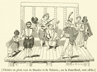 Teater i det fri i Mondor og Tabarin, på Pont-Neuf, omkring 1630 (gravering) af French School