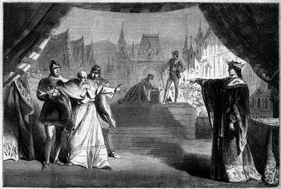 Teaterfremstilling: Anden akts scene syv af "Den franske dommers datter" af Adolphe Carcassonne (1826-1891). Theatre de Marseille af French School