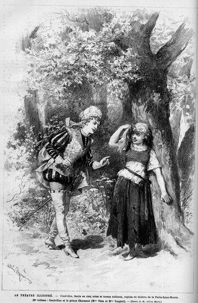 Teaterrepræsentation: Askepot og den charmerende prins opført af Mme Theo og Melle Vanghel til stykket "" Cendrillon"" af Clairville (Louis Francois Nicolaie) af French School