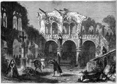 Teaterrepræsentation: "The Funerailles of Honour" (Act VII, sidste scene) af Auguste Vacquerie (1819-1895). Paris, Theatre de la Porte Saint Martin af French School