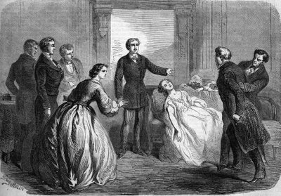 Teaterrepræsentation af "" La Maratre"" (5. akt, sidste scene) af Honore de Balzac (1799-1850). Paris, Theatre du Vaudeville af French School