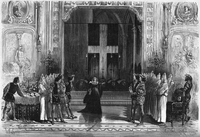 Teaterfremstilling: scene for kisterne i "Lucrece Borgia" af Victor Hugo (1802-1885). Paris, Theatre de la Porte Saint Martin af French School