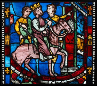 Theodosius ankommer til Efesos, fra en scene fra legenden om de syv sovende i Efesos, ca. 1200–10 (Glademetalglas, glasagtig maling) af French School