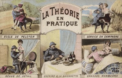 Teori og praksis, romantik og soldaterarbejde (farve litho) af French School