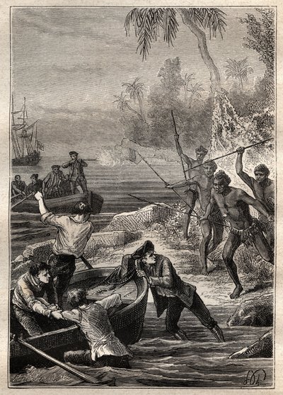 Disse blev leveret så tæt på...: Kaptajn James Cooks rejse (1728-1779) til New Zealand i 1769 - New Zealands naturfolk angriber Cooks besætning, da de nærmer sig kysten - illustration taget fra "The Great Mariners of the 18th century ” af French School