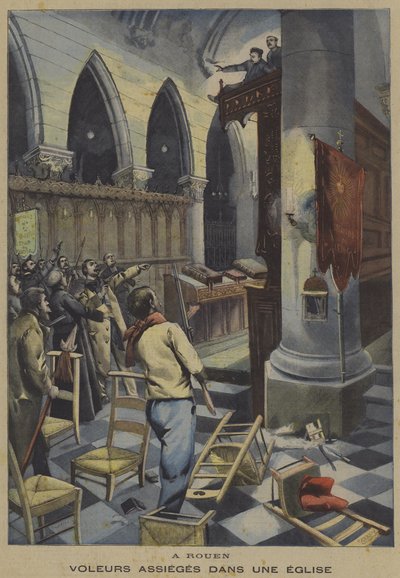 Tyve belejret i en kirke i Rouen (farve litho) af French School