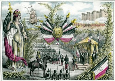 Tredje republik: Den triumferende republik præsiderer ved den store nationale fest den 14. juli 1880 på Place de la Bastille. Den 14. juli bliver en national fest i Frankrig, og det tricolore flag bliver taget i brug. Gravering omkring 1880 Privat samling af French School