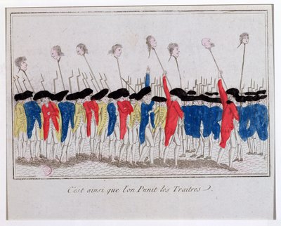 Sådan bliver forrædere straffet, sans-culottes bærer hovedet på de guillotinerede, 1789 af French School