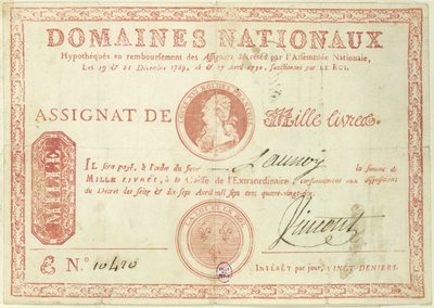Tusind livre seddel med et billede af Ludvig XVI (1754-93) 1790 af French School