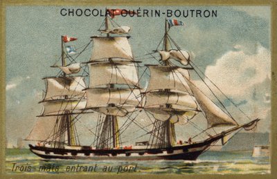 Tre-mastet sejlskib, der anløber havn (chromolitho) af French School