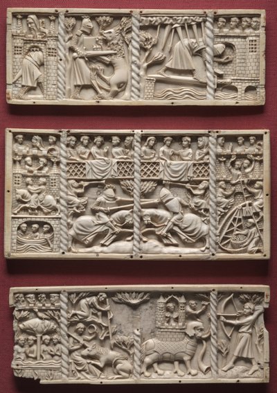 Tre paneler fra en kiste med scener fra høviske romancer, ca. 1330-1350 af French School