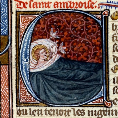 Tre bier kommer ud af Sankt Ambrosius (Saint Ambrosius) mund. Miniature i "" The Book of Saints"" af French School