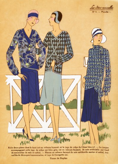 Tre designs til todelte outfits, der viser Tissus de Duplan, Les Idées Nouvelles af French School