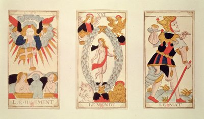 Tre tarotkort, der forestiller Judgement, The World and the Fool (farvet trægravering) af French School