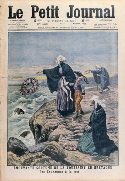 At kaste kranse i havet på Allehelgensdag i Bretagne, forsideillustration fra Le Petit Journal, 5. november 1911 af French School