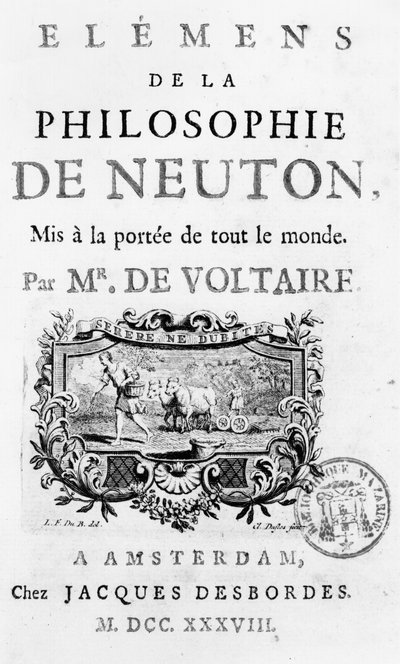 Titelside af elementer i Newtons filosofi af Francois Marie Arouet Voltaire (1694-1778) Amsterdam, udgivet 1738 af French School