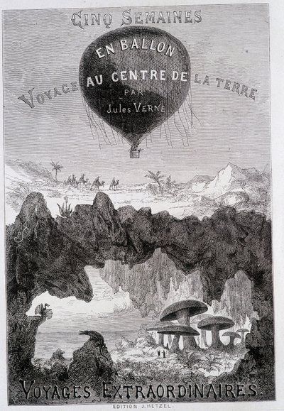 Titelside: "" Five Weeks in Balloon" og "Journey to the Center of the Earth"" af Jules Verne, sd. Editions Hetzel under det generelle navn "" Les Voyages Extraordinary"" af French School