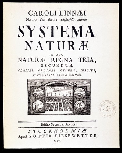 Titelblad "" Naturlige systemer"" af Linnaeus af French School