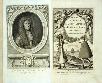 Titelblad og frontispice-portræt af Journal du Voyage de Chevalier Chardin en Perse et aux Indes Orientales af Jean Chevalier Chardin, 1686 af French School