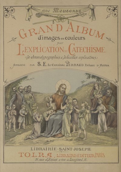 Titelside for stort album af farvede billeder til forklaring af katekismen (farve litho) af French School