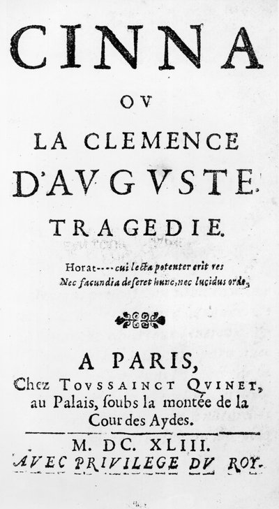 Titelblad til Cinna ou la Clemence dAuguste af Pierre Corneille (1606-84) udgivet i 1643 af French School