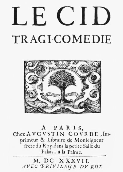 Titelblad til Le Cid (1637) af Pierre Corneille (1606-84) udgivet 1637 af French School