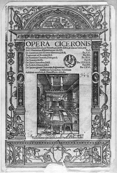 Titelside af Opera Ciceronis, udgivet 1520 af French School