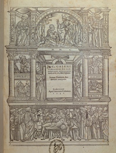 Titelside på en bog af Galen (c.131-c.201), udgivet i Paris, 1530 af French School