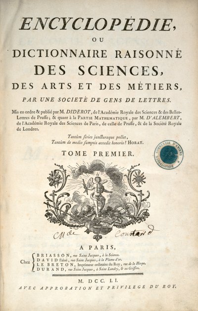 Titelside af første bind af Encyclopedia af Denis Diderot og Jean le Rond dAlembert, 1751 af French School