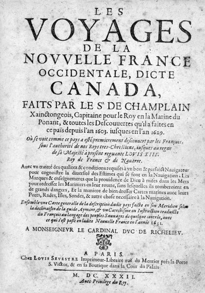 Titelblad til The Voyages of New France... udgivet 1632 (print) af French School