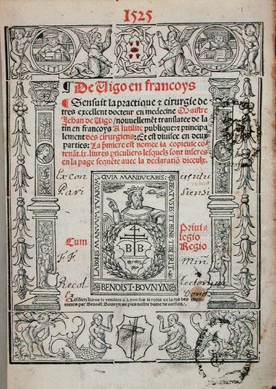 Titelblad fra en bog om kirurgi af Jean de Vigo (1460-1525) 1525 (træsnit) af French School