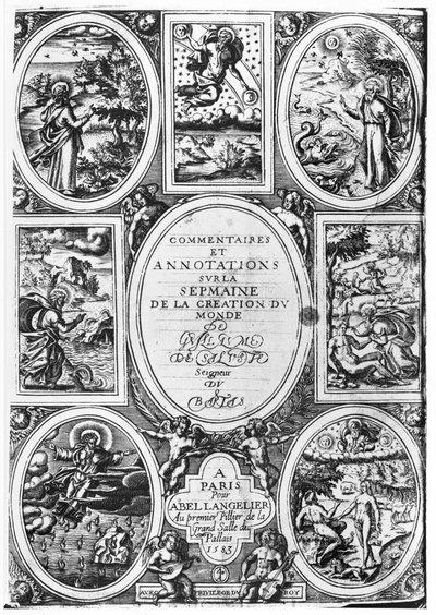 Titelblad for kommentarer og anmærkninger om ugen for verdens skabelse af Guillaume Sallust du Bartas (1544-90) 1583 af French School
