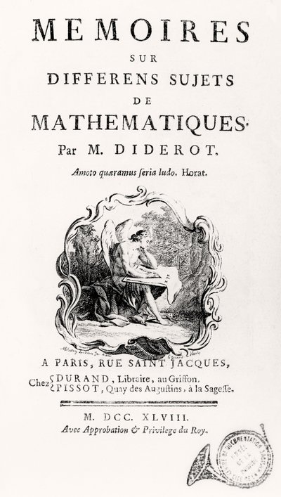 Titelside for "Erindringer om forskellige matematikfag", 1748 af French School