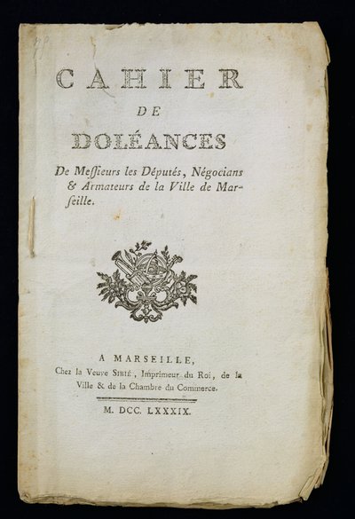 Titelblad til bogen med klager over deputerede, købmænd og skibsredere i Marseille, 1789 af French School