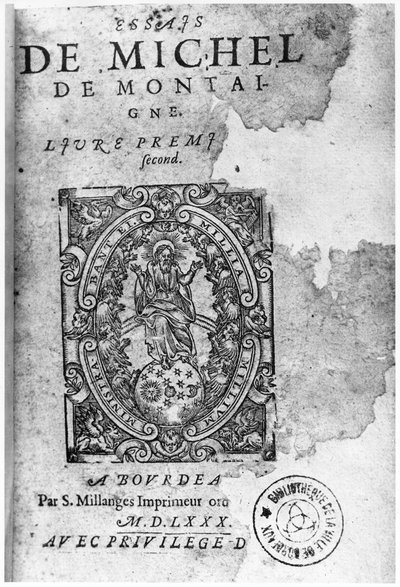 Titelblad for den første udgave af Essais af Michel de Montaigne (1533-92) 1580 af French School