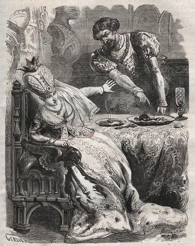 For at tage hævn for sin kones, Gabrielle de Vergys utroskab, får Eudes de Fayel ham til at spise uden hans viden hjertet af sin elsker, Raoul de Coucy. Scene af en legende fra det 12. århundrede, ifølge hvilken Raoul I de Coucy (efter 1142-1191) bad om, a af French School