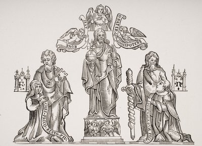 Gravdekoration forestillende Nicholas Flamel (ca. 1330-c. 1418) og hans kone Pernelle, efter dekorationer på de uskyldiges kirkegård, Paris, fra Le Moyen Age et La Renaissance af Paul Lacroix (1806-84) af French School
