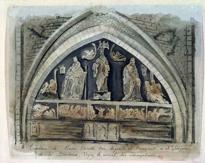 Nicolas Flamels grav (ca. 1330-1418) ved Cimetiere des Innocents (wc på papir) af French School