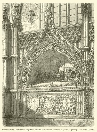 Grav inde i kirken Batalha (gravering) af French School