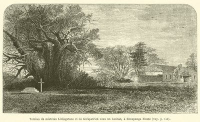 Grave af fru Livingstone og Kirkpatrick under et baobabtræ, ved Shoupanga House (gravering) af French School