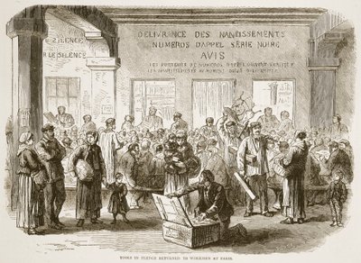 Værktøj i pant returneret til arbejdere i Paris, illustration fra Cassells historie om krigen mellem Frankrig og Tyskland, 1870-1871 af French School