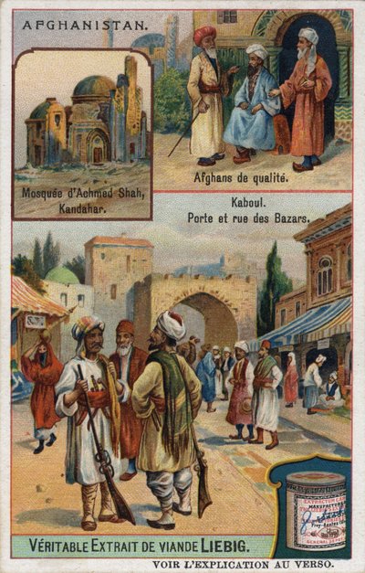 Oben: Achmed-Schah-Moschee in Kandahar und Porträts reicher Afghanen. Unten: Basar von Kabul in Afghanistan. Werbechromolithografie des 19. Jahrhunderts von French School