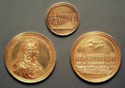 Øverst: Recto = Les Revues, 1680 af Thomas Bernard; Nederst: verso = Profil af Louis XIV, recto = La Colonnade of the Louvre, Bernini-projekt af Jean Warin III (1604-72) (guld) af French School