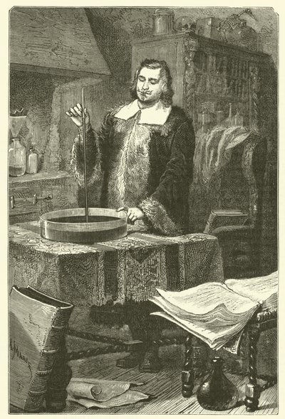 Torricelli opfandt barometeret (gravering) af French School